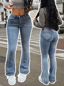 Spring Summer Women's Mid-Waist Washed Elastic Button Jeans, Tight Butt Lifting Flare Pants, Slim Fit Versatile Denim Trousers