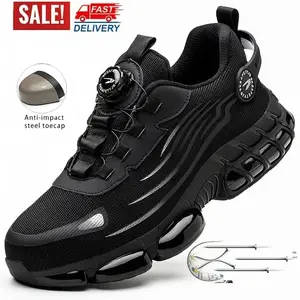 Men's Steel Toe Puncture-Proof Work Safety Sneakers with Rotating Button Closure - Breathable Mesh & Fabric Lining, Non-Slip Rubber Sole - Lightweight Summer Industrial Shoes for Warehouse, Construction, Factory, Steel Toe Shoes, Workplace