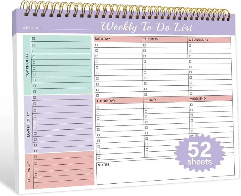 Weekly  Notepad with 52 Undated Sheets8.5"11"- Weekly Desk Planner Pad with Spiral Binding for Women & Man, Office, School and Home Personal Organizer