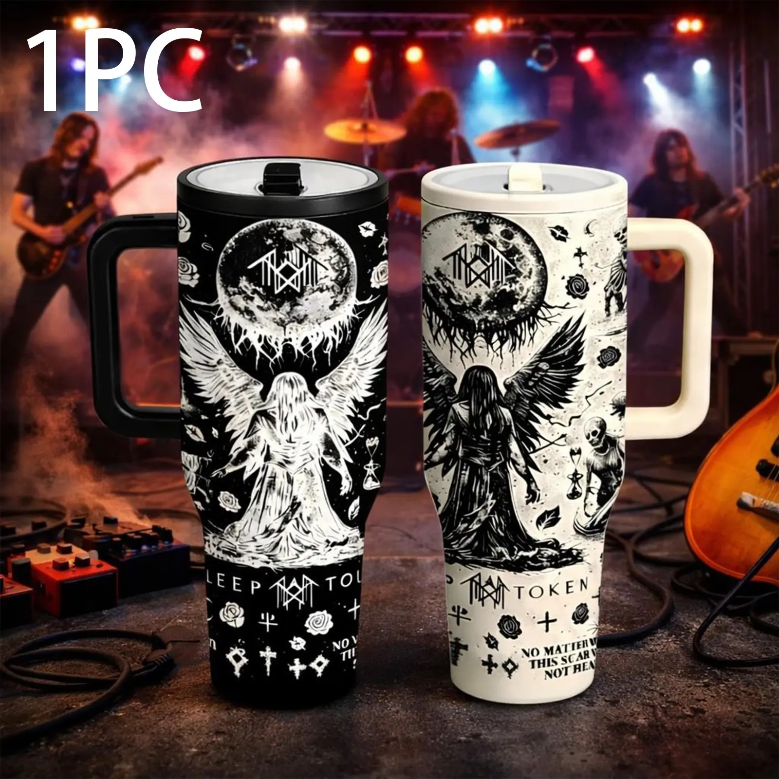 40oz Dark Angel Gothic Tumbler, Drinkware, Black White Rock Art Insulated Mug with Handle and Straw, Unique Statement Cup, Perfect Gift for Rock Fans, Metal Music Lovers and Alternative Style Friends
