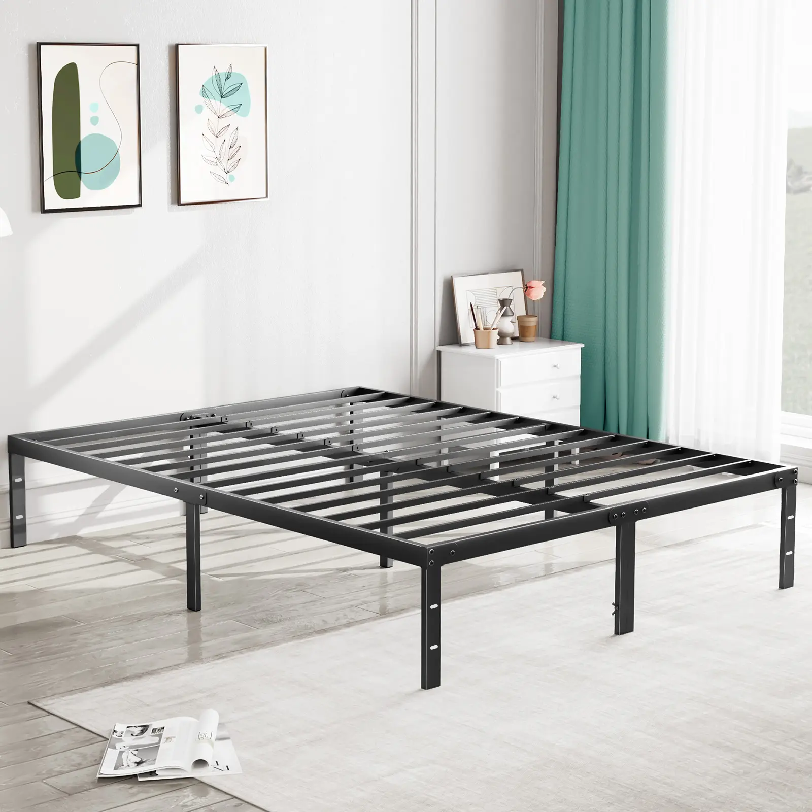 Sweet Furniture S Heavy-Duty Metal Platform Bed Frame - Durable, Elevated 14-Inch Design, Sturdy Steel Slat Support, Under-Frame Storage Space, No Box Spring Needed (Heavy Duty Beds), Metal Bed Frames
