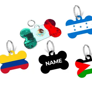 Pick Your World Flag Personalized Metal Bone Shaped Pet Tag for Dogs and Cats with Pet Name