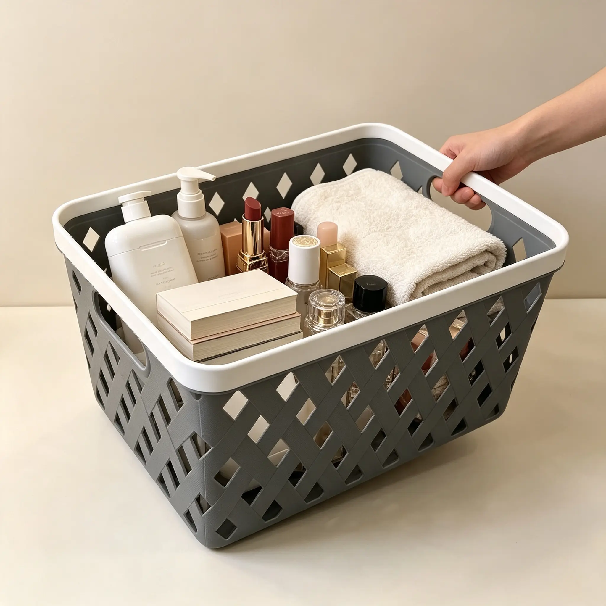 4-Pack Lattice Plastic Storage Baskets with Side Handles - Stackable, Nested, Ventilated Organizer Boxes, Lightweight Multi-Purpose Crates for Bathroom Vanity, Kitchen Counter, Small Home Organization