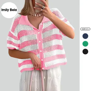 Imily Bela Womens Crochet Sweater Tops Batwing Short Sleeve Oversized Boat Neck Boho Knit Summer Beach Cover Ups