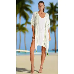 White Crochet Trim Caftan – Lightweight Beach Cover Up