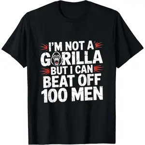 Women's  Short-Sleeve Round Neck Vintage Streetwear Top, Funny "I'm Not A Gorilla But I Can Beat Off 100 Men" Meme Graphic Casual T-Shirt