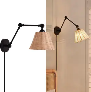 Vintage Wall Lamps with Plug in Cord, Rattan Handmade Lampshade with Adjustable Swing Arm Wall Mounted Fixture Lighting, E26 Wall Lights for Living Room Bedroom- 1 Pack
