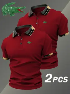 Two-Piece Hh4986 Crocodile Print Men's Button-Down Shirt, Elastic Casual Breathable All-Season Comfortable High-End Polo Shirt