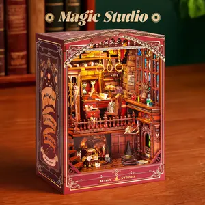 DealsForYouDays FUNPOLA Magic Studio LED 3D Book Nook-with Music Box DIY Wooden Mechanical Miniature-Bookshelf Insert Creative Gift for Adults and Teens
