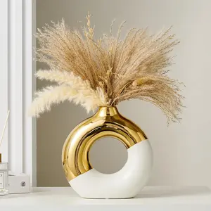 Ceramic Donut Vase, 8" L x 8" White and Gold Round Vase for Pampas Grass, Nordic Modern Vases for Decor, Ceramic Vase Centerpieces for Wedding, Bedroom, Living Room, Coffee Table, Office