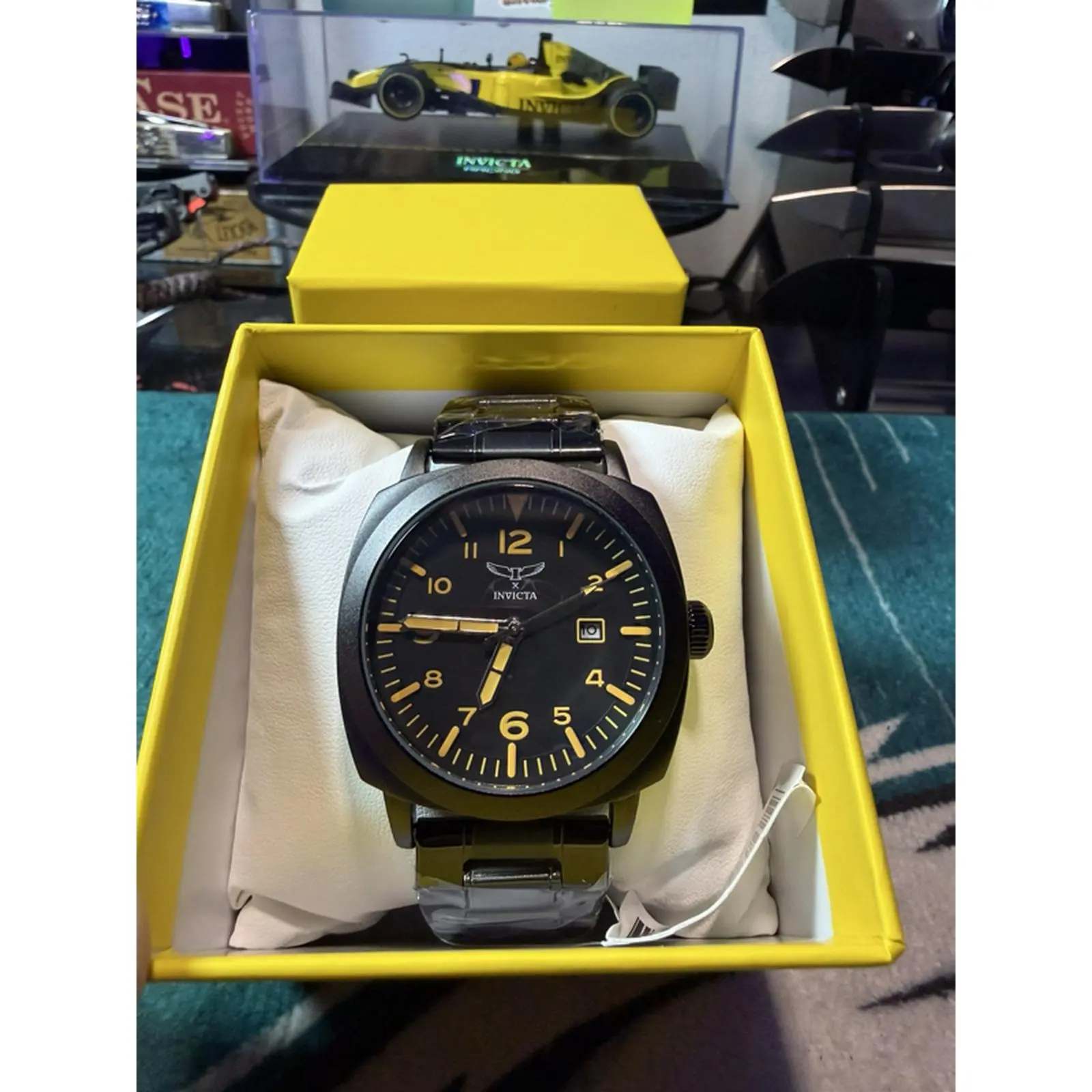 Invicta Specialty Mens 44mm Black Cushion Case Yellow Sunburst Dials Watch. Great Price!!!