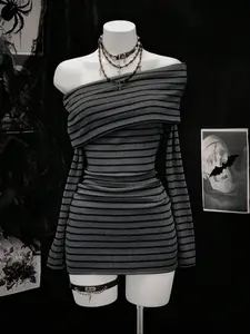 Women's Knitted Texture Striped Slim Fit Long Sleeve Dress, Fashion Casual Wear Shoulderless One-Shoulder Bodycon Dress for Fall Winter Womenswear