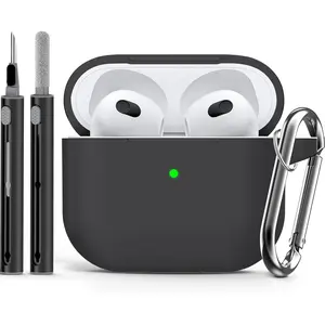 Case Cover with Cleaner Kit for Apple AirPods 3rd Gen, Soft Silicone Protective Case with Keychain, Shockproof for Women & Men - Black