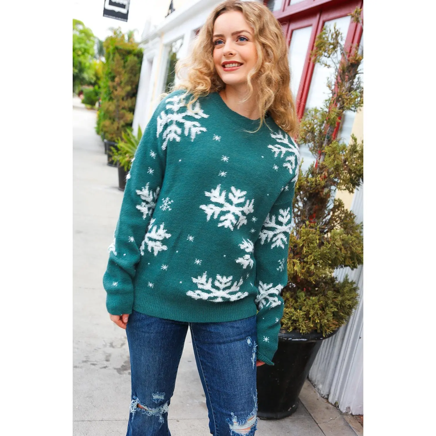 Season Greetings Hunter Green Puffy Snowflake Jacquard Sweater