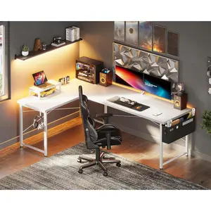 Shaped Desk, 66" Computer Corner Desk, Gaming Desk, Home Office Writing Desk with Monitor Shelf, Space-Saving Workstation Table, Modern Simple Wooden Table, Pure White