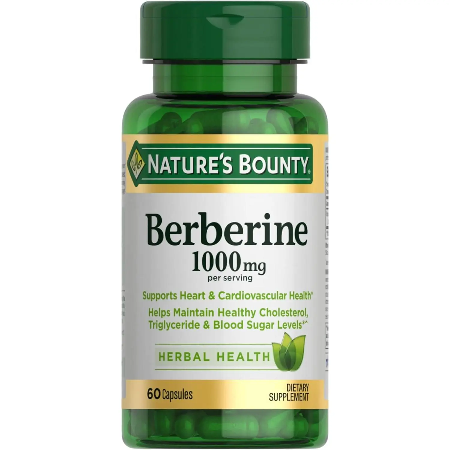 Nature’s Bounty Berberine 1000mg Herbal Capsules - Gluten-Free, Vegetarian, Non-Toxic, Non-GMO Herbs Supplement in a Bottle, Supports Heart Health, Normal Cholesterol & Blood Sugar Levels, 60 Count