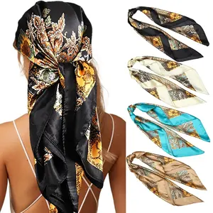 4PCS/Set 35'' Printed Square Head Scarf Silk Like Neck Scarves for Women Hair Kerchief Bandanas Scarf Sleeping Head Wraps Hair Band Headscarf Female Hair Accessories