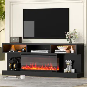 【2 Packages Shipping】AHB Modern Media Console with APP-Controlled Lights: 70" 3-Sided Fireplace TV Stand Includes 34" Electric Fireplace & Storage Cabinet. Entertainment Center for Living Room, Supports TVs Up to 80"
