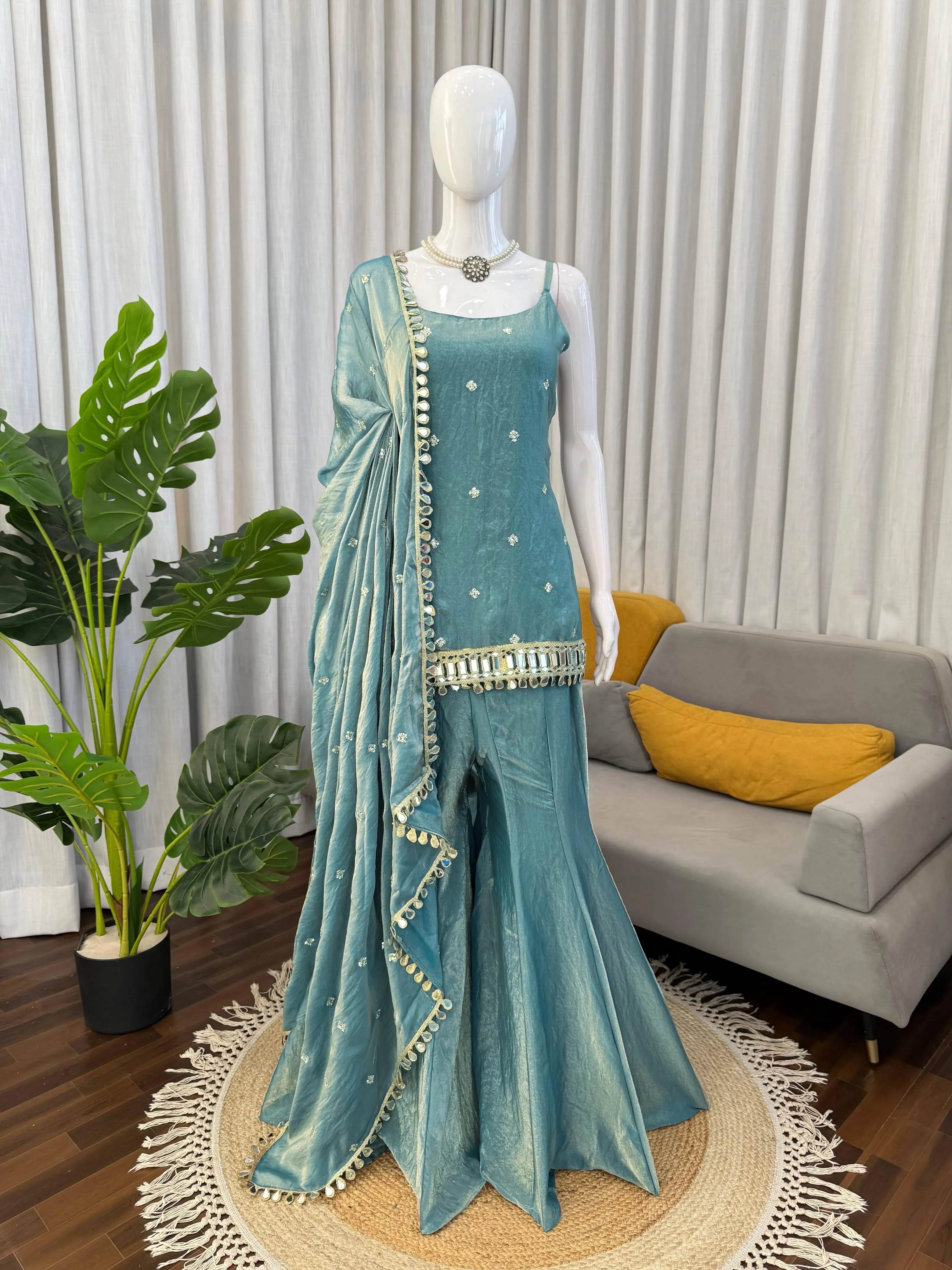 Women's 3-Piece Fendy Silk-Cotton Sequin Embroidered Long Plazo Costume Set - Soft, Stretchy Fabric, Casual Fit, Mirror Work, Lace Accessories, Lightweight, Plus Size Up To XXL, Elastic Waist, Ethnic, Statement, Matching For Office & Formal Events