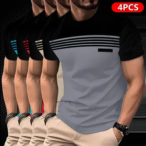 Pack of 4 Men’s Casual T-Shirts – Summer Collection featuring color-block striped prints, breathable polyester fabric, regular fit crew neck top, fashionable trend, soft texture, suitable for young people,Summervibes