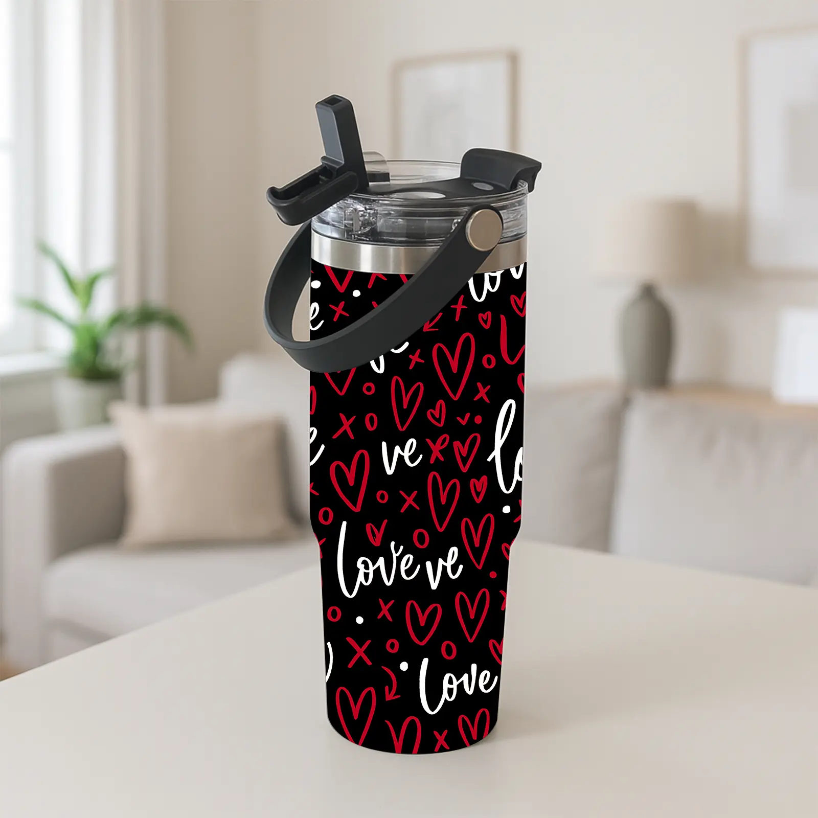 Auracup 1pc 30 Oz Stainless Steel Insulated Mug, Tumbler, Heart Print, Double Wall Vacuum Cup, Keeps Hot 12 Hours, Cold 24 Hours, Leak-Proof Coffee Cup Gift, Valentine's Day Gift, Birthday and Holiday Gift