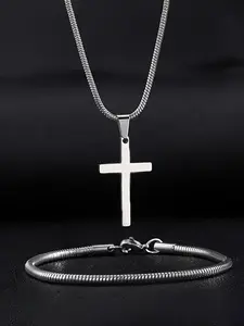 Fashion Cross Pendant Necklace & Snake Design Bracelet, Stainless Steel Matching Fashionable Jewelry Set for Party, Daily Clothing Decor, Trendy All-match & Exquisite Jewelry for Birthday Gift, Chain Necklace Set