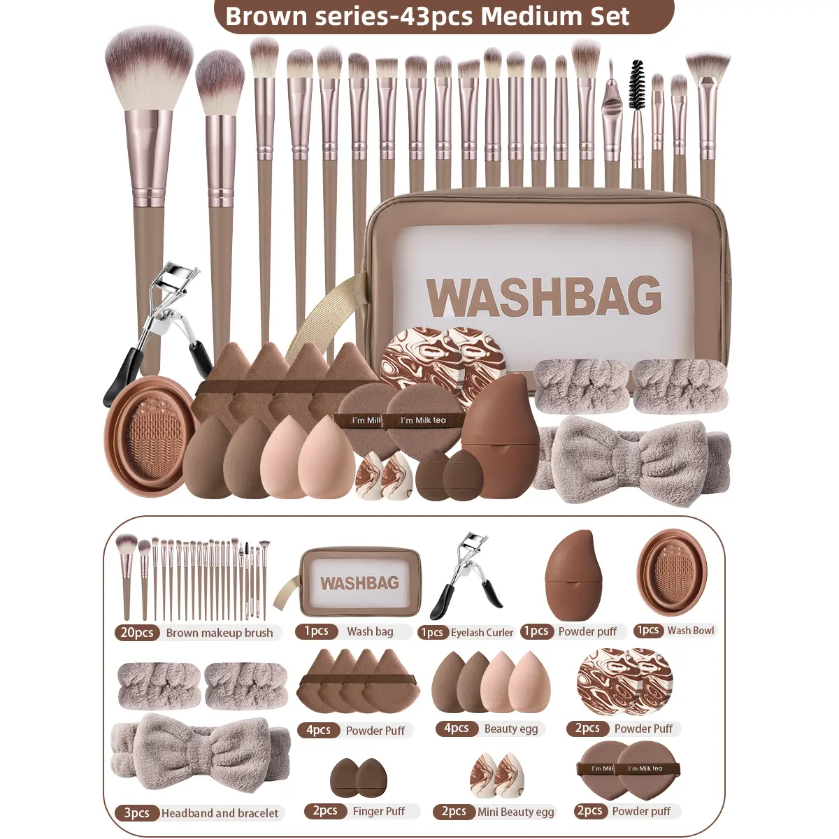 43Pcs All In One Brown Makeup Brush Kit, Professional Makeup Tools Set with Beauty Sponges, Powder Puffs, Headbands, Eyelash Curler, Cleaning Bowl & Storage Wash Bag, Perfect Christmas Holiday Gift for Women & Makeup Beginners   Cosmetics Brushes Set
