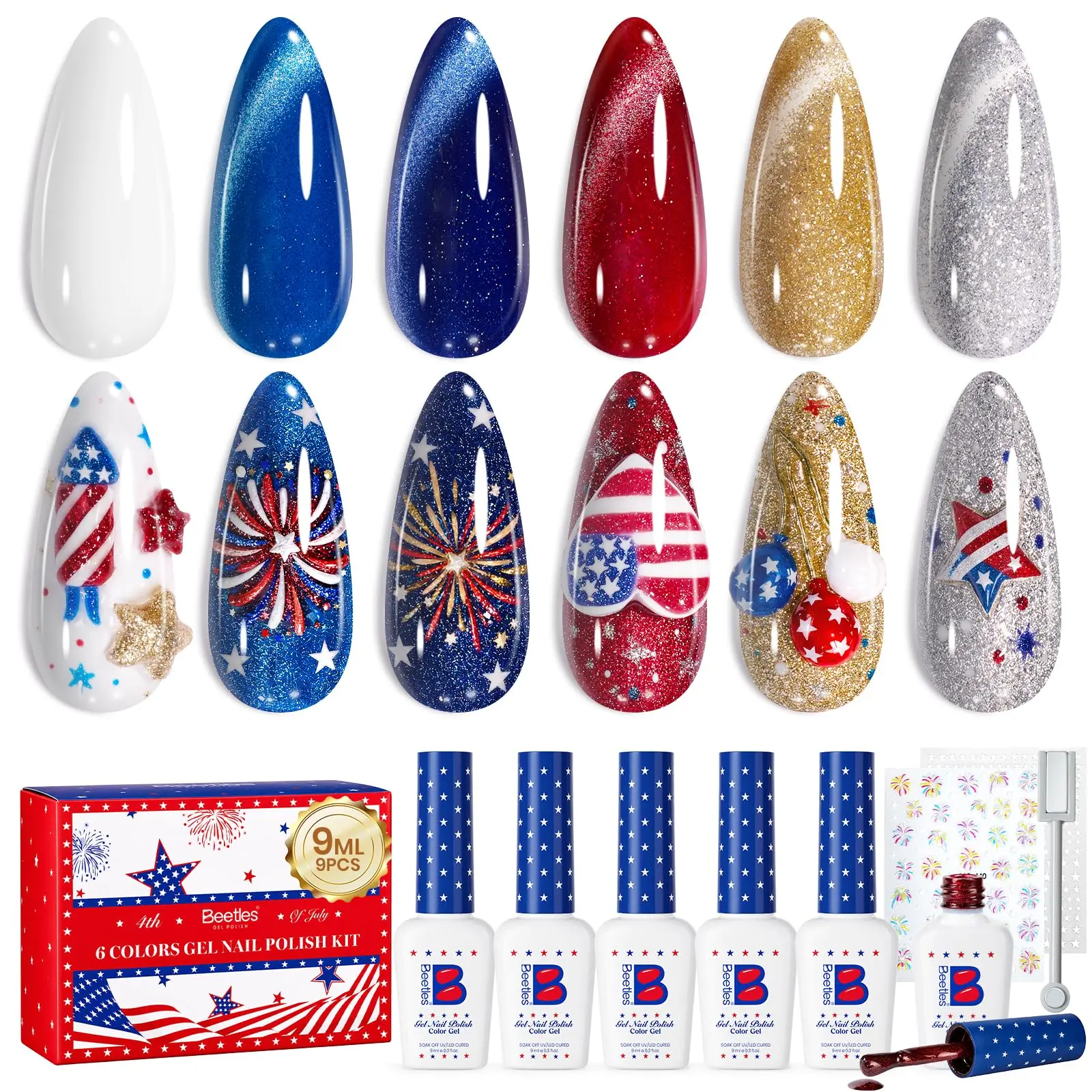 beetles Gel Polish 4th of July Cat Eye Kit, 6 Colors Magnetic Polish with Magnet - Red, White, Blue & Gold Glitter, Soak Off UV Gel for a Smooth Manicure, Nail Care Cosmetic for Women