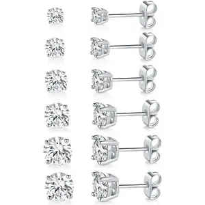 18K White Gold Plated 4 Pong Round Clear Cubic Zirconia Stud Earring Pack of 6 Pairs (6 Pairs)