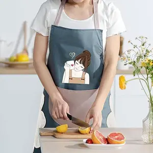 Women's Retro Ergonomic Work Apron, Wholesale Water-Oil Proof PVC Printed Artistic Cloth, Large Pocket, Adjustable Strap for Cooking & Cleaning