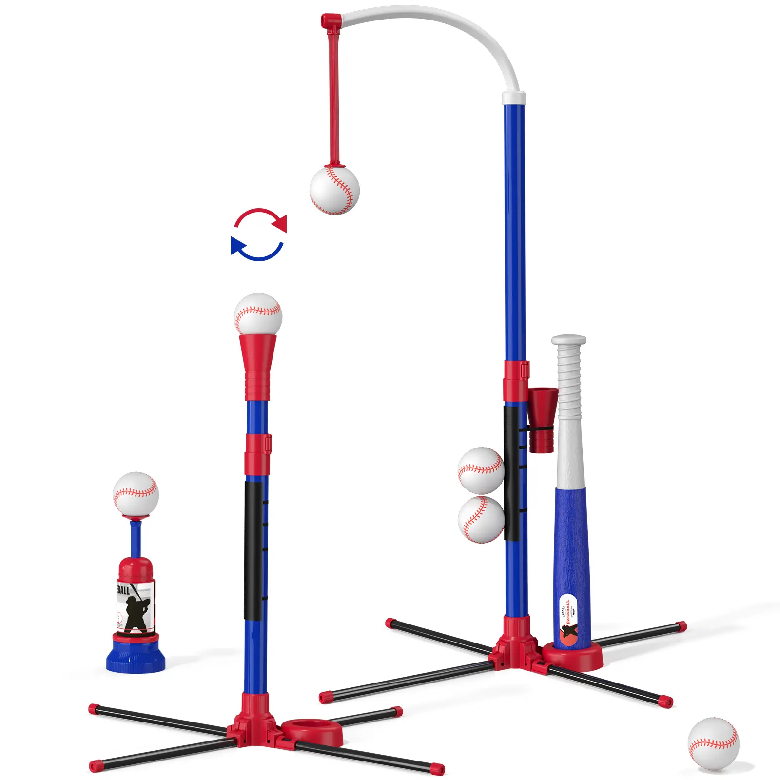 Kids' 3-in-1 Ball Sports Equipment Set (Ages 3-5) - 24.4"-39.4" Adjustable Tee Stand, Dangling Ball Hanger, Launcher, 6 Softballs - Indoor/Outdoor Blue/Purple Boy Birthday Gifts, Kids Toys