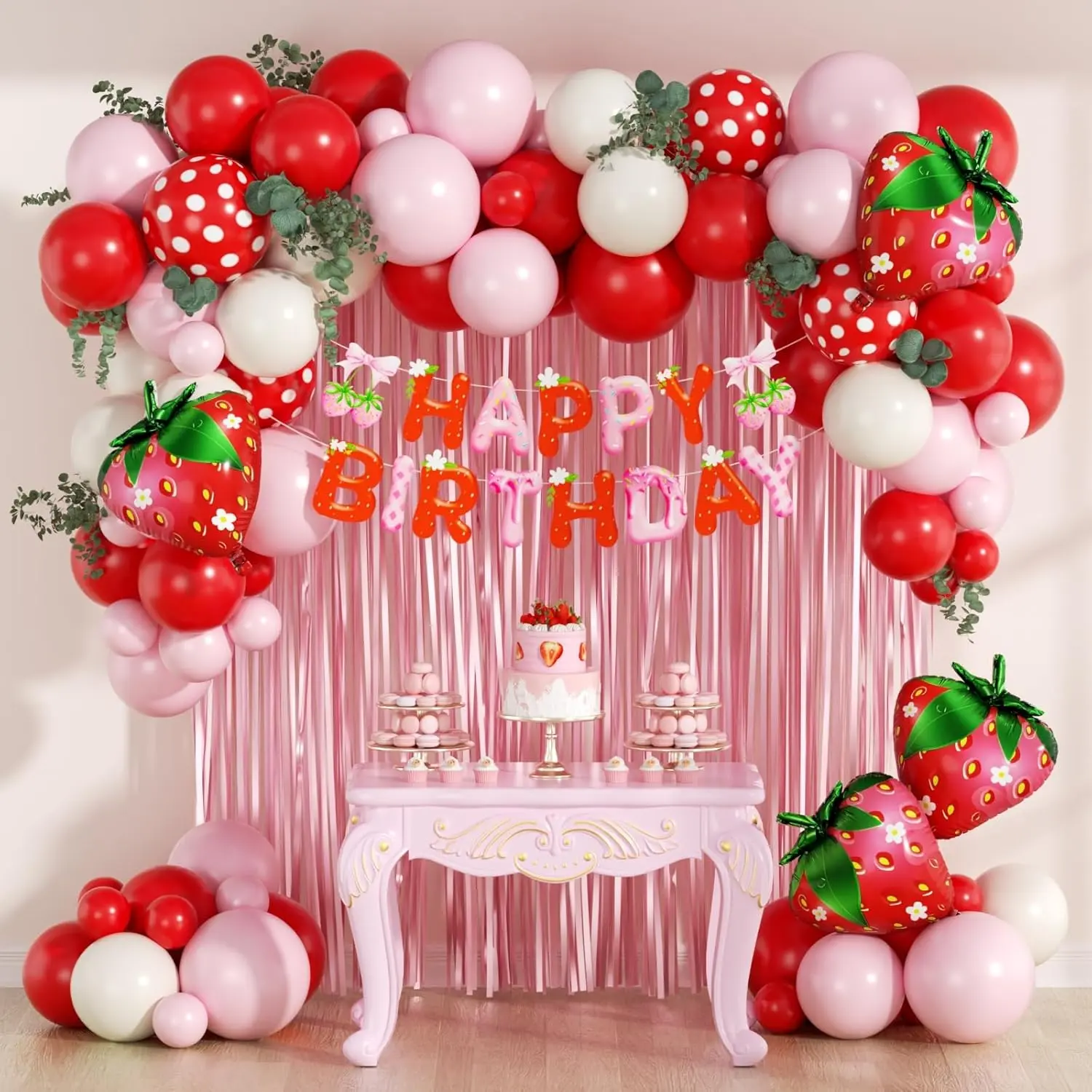 Strawberry Themed Party Decorations Kit - Pink Fringe Curtain, Happy Banner, Pink-Red Sand, White Balloons, Birthday Backdrop for 1st Baby Shower Celebrations