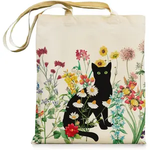 Black Cat Canvas Tote Bag with Zipper Pockets Vintage Flowers Cute Tote Bag Aesthetic Reusable Shopping Grocery Bags Birthday Gifts for Women