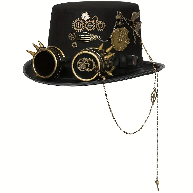 Women's Handmade Black Steampunk Hat - Metal Chain, Goggles Accents, Gothic Victorian Headdress - 22-23.2in Head Circumference Fit, Carnival, Halloween Cosplay Costume Accessory, Black Suitable For Head Circumference 22-23.2Inch, 22-23.2Inch Head Circumfe