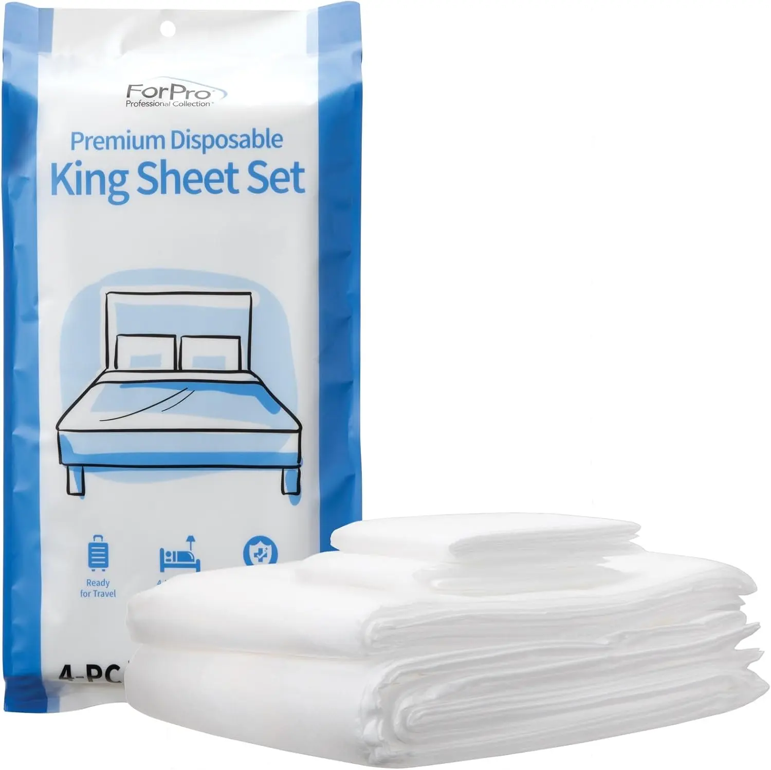 4-Piece King Size Premium Breathable Layered Non-Woven Fabric Tear-Resistant Disposable Bed Set, Travel-Ready Compact Design, Includes Bed Sheet, Duvet Cover, 2 Pillowcases, White