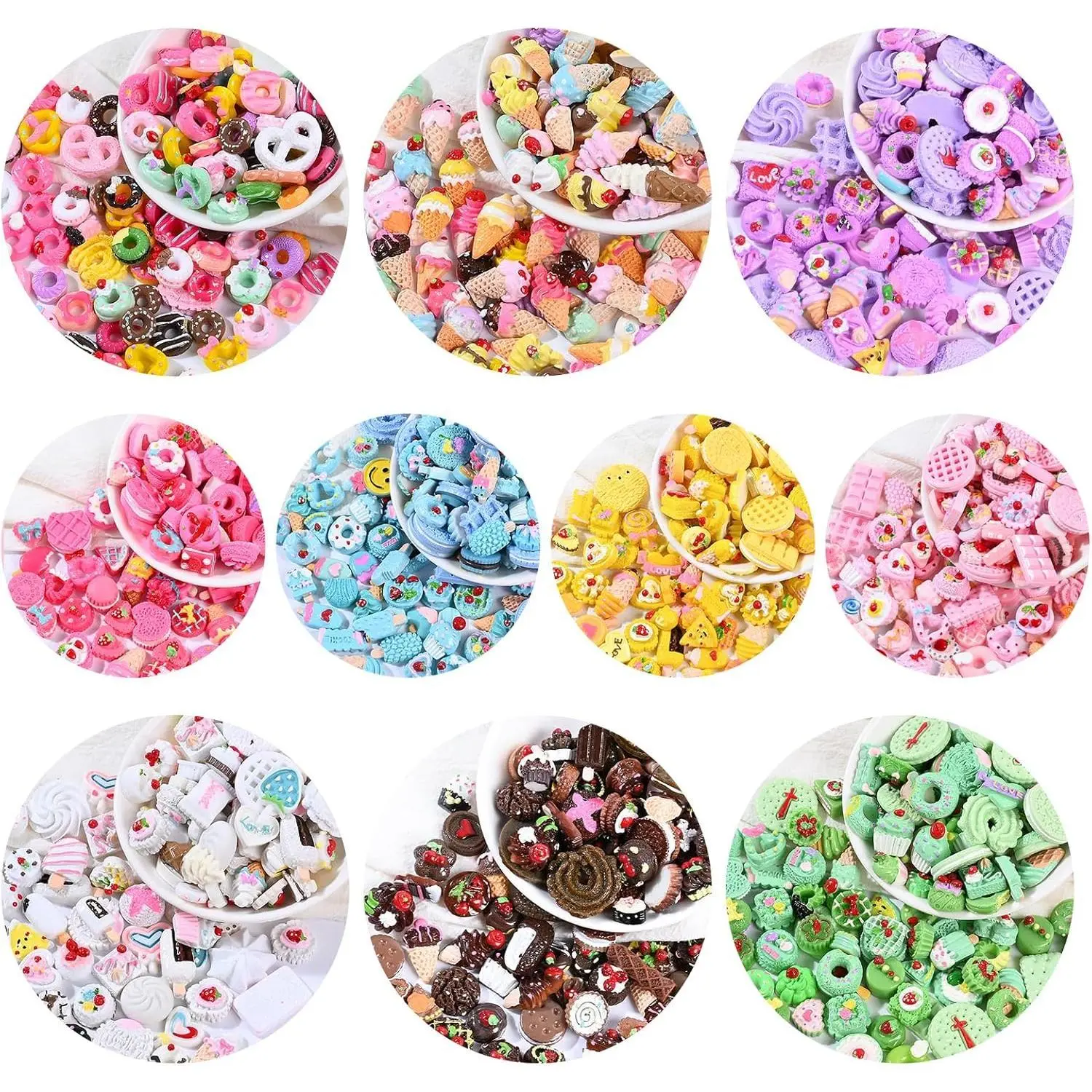 P-HDJ020    100 pcs Assorted Slime Charms,   Cute Candy Sweet Fruits Donut Charms Ornaments Flatback Resin Cabochons for Craft Making Ornament Scrapbooking DIY Crafts Beads Making Supplies - Random Style