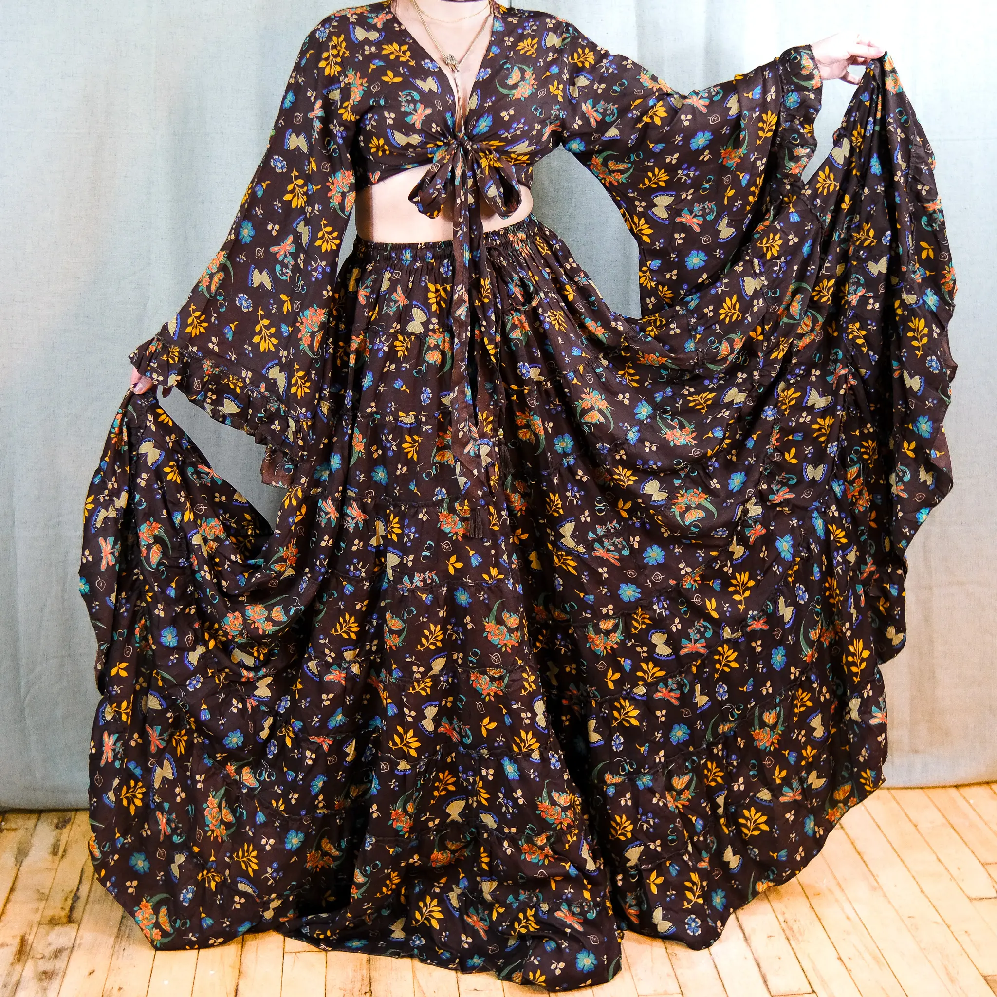 Flowy Long Ruffle Tiered Skirt +Ruffle Sleeve Top, Whimsical Celestial Flowy Elegant Hippie Maxi Skirt, Retro Bohemian Summer Outfit, 90s