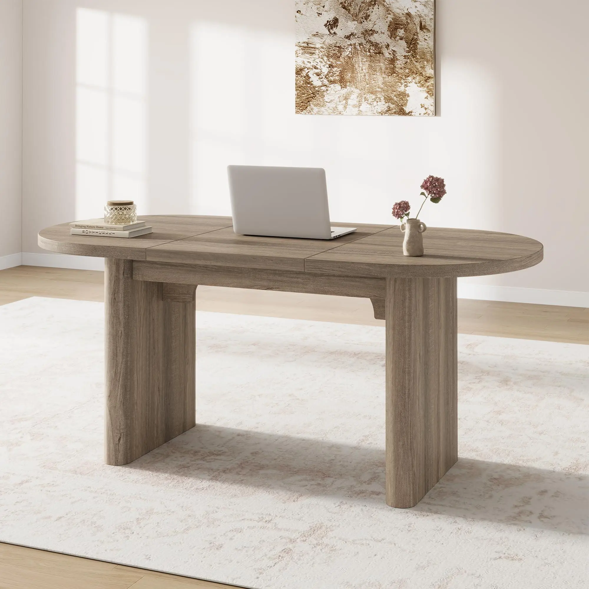 Oval Executive Desk, Wood Office Desk, Large Aesthetic Computer Desk, Farmhouse Wooden Laptop Desk with Double Pedestal, Study Writing Table Workstation for Home Office.