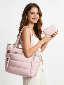 Women's Solid Color Quilted Totebag, Lightweight Puffer Design Shoulder Bag, Casual Trendy Versatile Daily Commuting Bag for Travel & Work & Beach