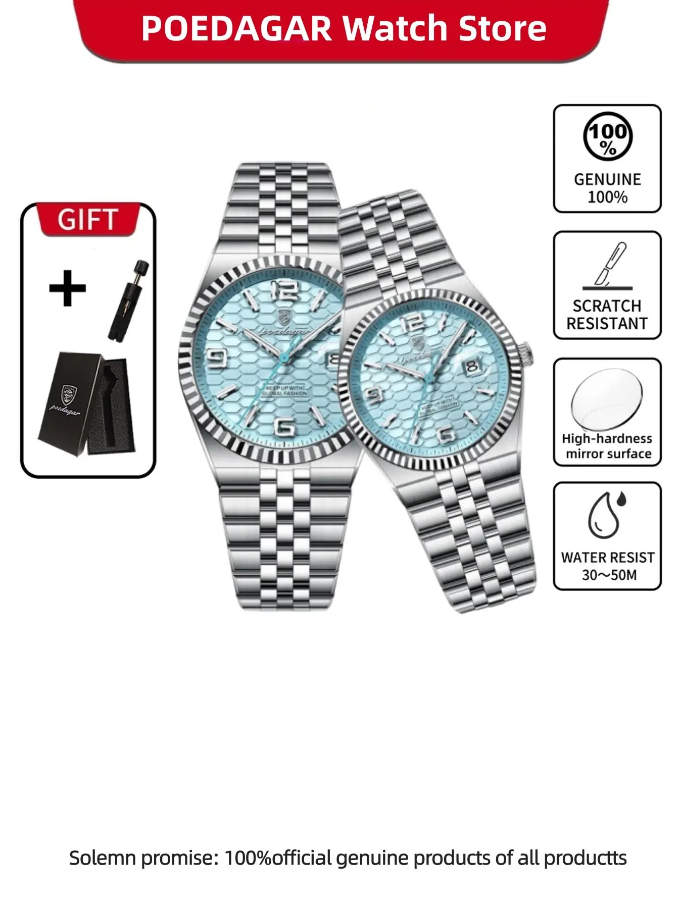 POEDAGAR Elegant Couple Watch Night Light Waterproof Dating Couple Quartz Watch, Waterproof Night Light Date Function Luxury Stainless Steel Quartz Watch Modern Fashionable Wristwatch Watch Set Fashionable Watches