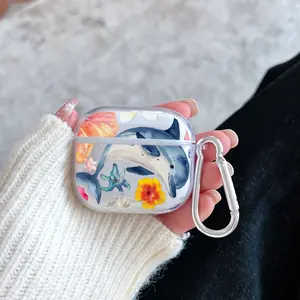 Dolphin in Floral Fantasy Pattern Protective Case for AirPods 4/3/2/1/Pro/Pro2 Soft TPU Earphone Cover, Transparent with Keychain