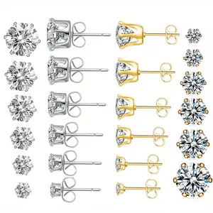12PCS Classic Women/Men Earrings Set Golden/Silvery Exquisite Shiny Cubic Zirconia Ear Stud Vintage Stainless Steel Sparkling Zirconia Earrings Vacation Beach Jewelry Party Fashion Accessory