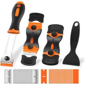 4 Pack Razor Scraper Set with 50 Count Metal & Plastic Tools for Glass, Stickers, , Cooktop Removal Orange Color