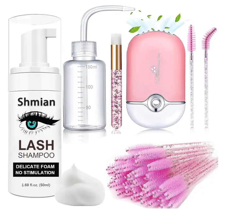 Lash Shampoo for Lash Extensions, 50ml Eyelash Foam Cleanser and 50 Pcs Eyelash Brush and Rinse Bottle Mini Fan Oil Free/Sulfate Free Eyelash Wash Remover For Eyelash Extension Makeup Removel