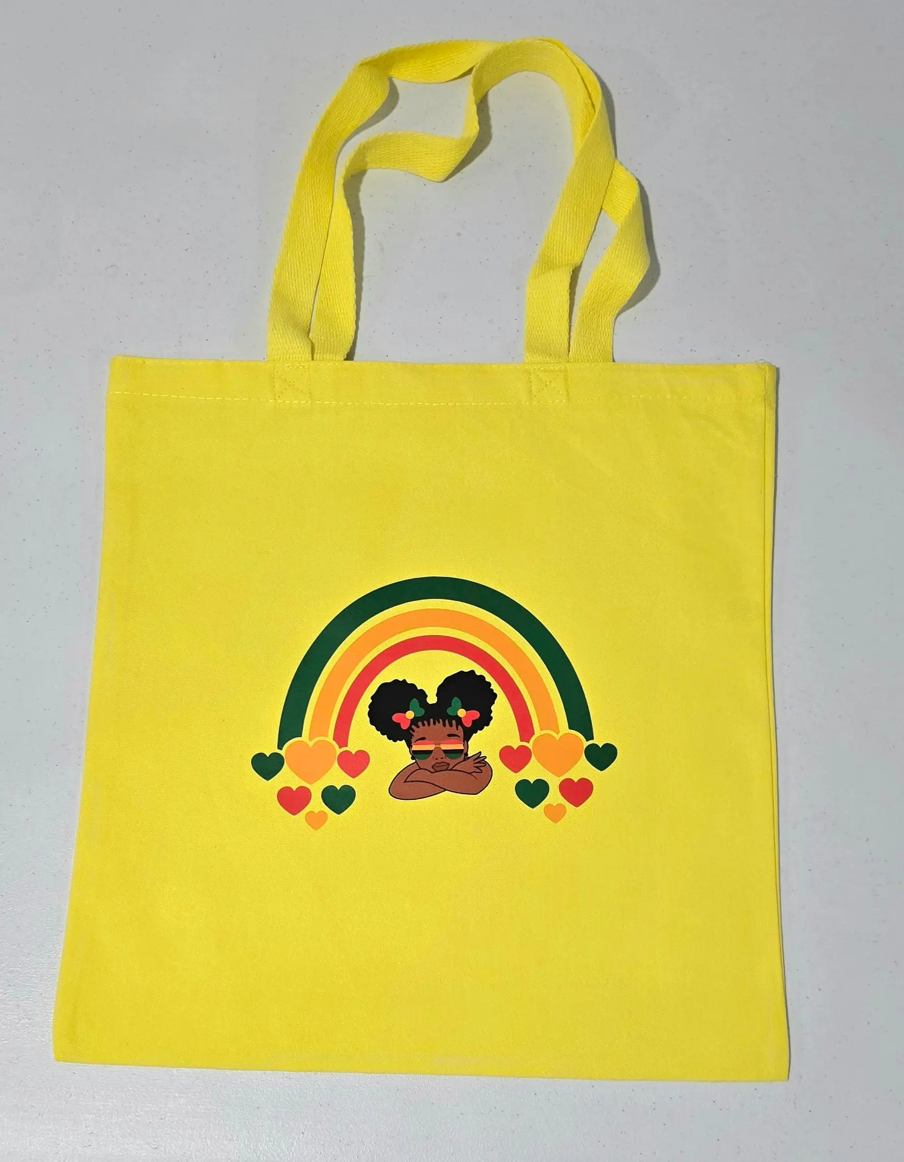 Yellow Tote Bag - Black Girl Puff with Rainbow Hearts Design Bright Yellow Colorful and Cute Style