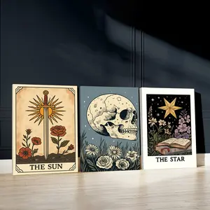 3pcs The Sun Wall Art, Skull Poster, The Star Art Prints, Night Sky Home Decor, Modern Wall Paintings, Cozy Canvas Posters Wall Arts, Decor for Living Room, Restaurant, Kitchen, Bedroom, Housewarming Gift, With Frame, Modern Home Decoration
