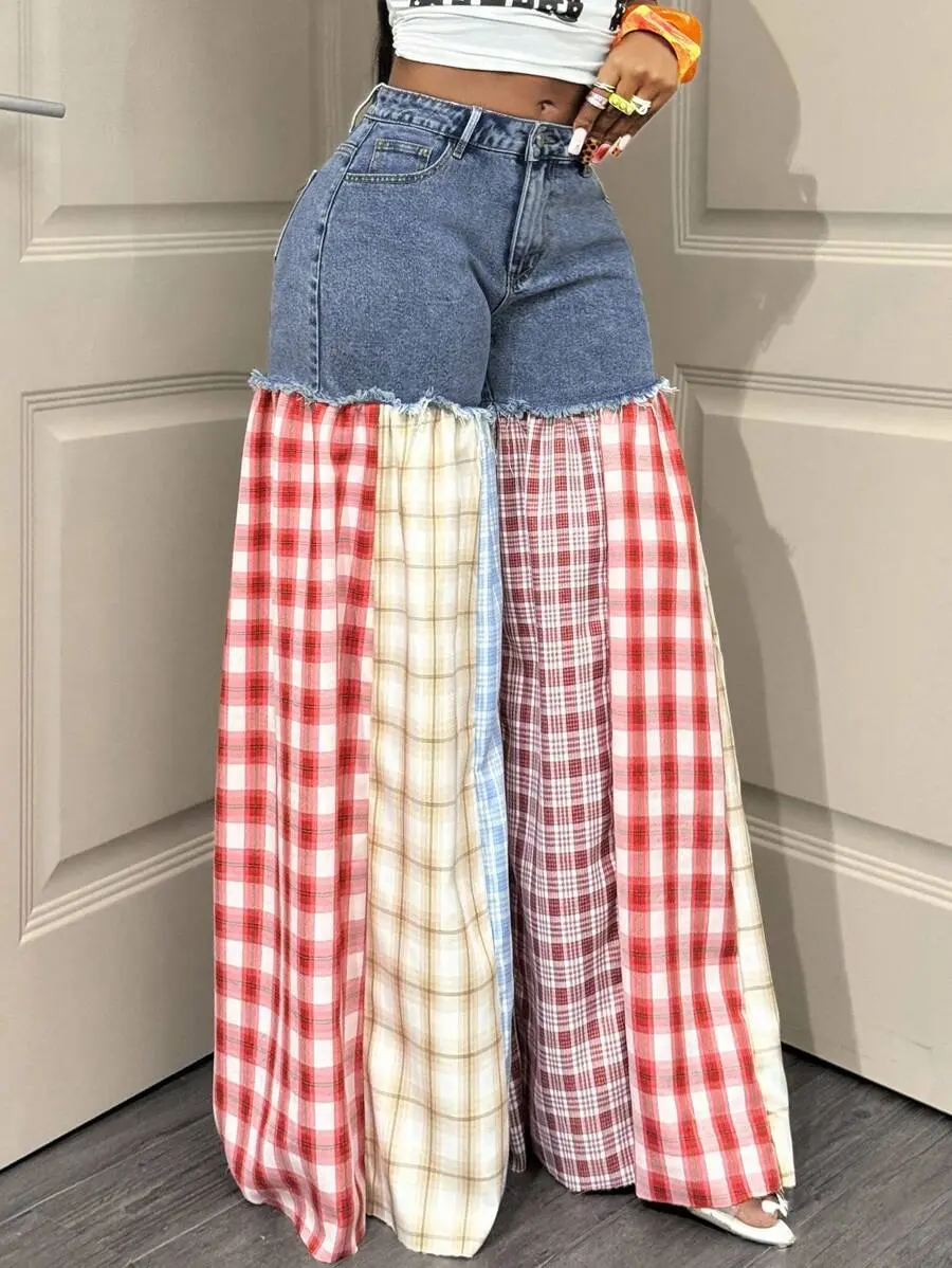 Plus Size Women Patchwork Plaid Wide Leg Jeans