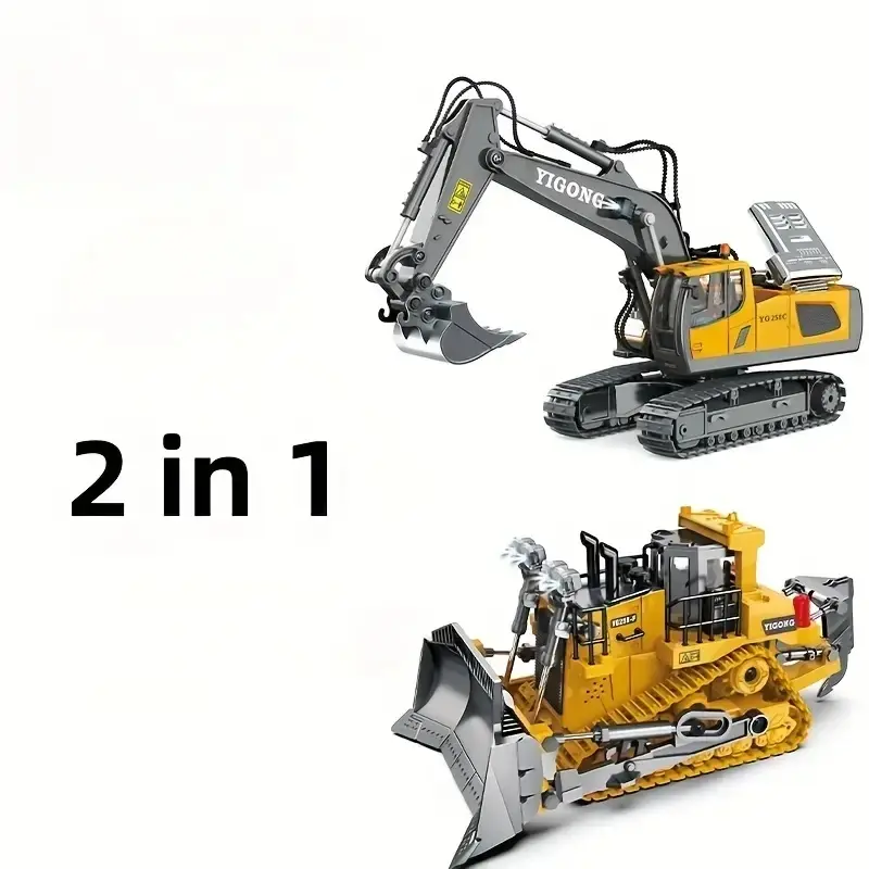 Kids' 2.4G 11-Channel RC Vehicles Engineering Toy Set - 2pcs Part Metal & Plastic Excavator, Dump Truck, Bulldozer with Sound Lights, Metal Parts, Lithium Cells