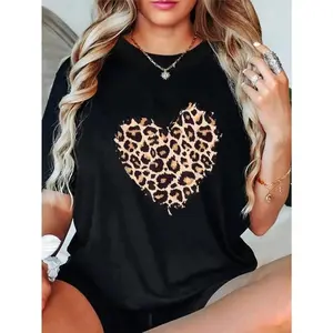 100% Cotton Leopard Cheetah Animal Print Heart T-Shirt Casual Short Sleeve Shirt