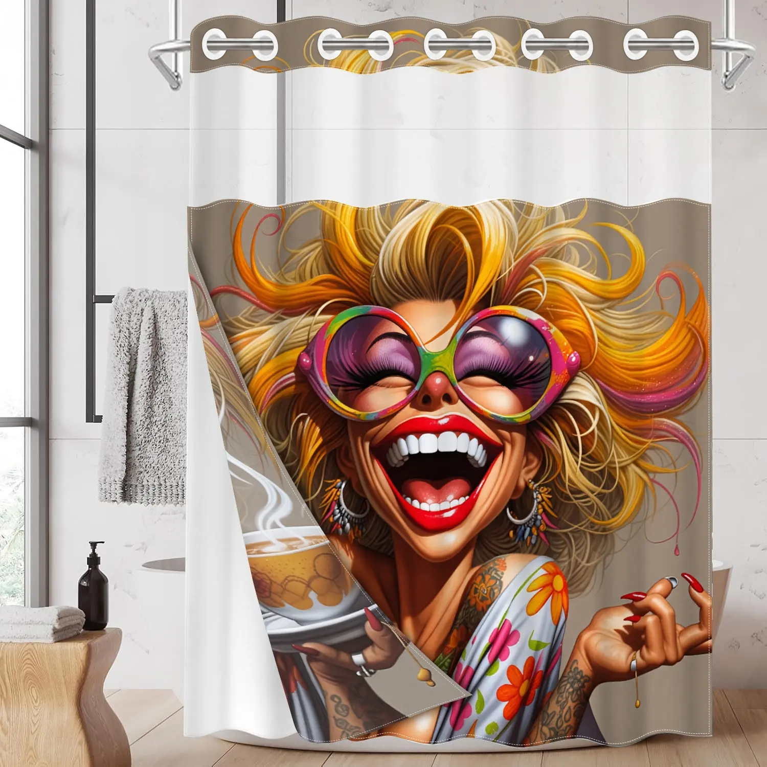 1pc 2D Flat hookless shower curtain, Bathroom, with snap fastener, inner lining, Curly-haired Woman Drinking Coffee, Waterproof, transparent window, double-layer, 71x74 inches, modern family decoration
